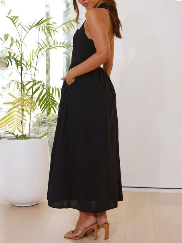 Waist Little Black Halter Neck Dress Mid-Length Dress