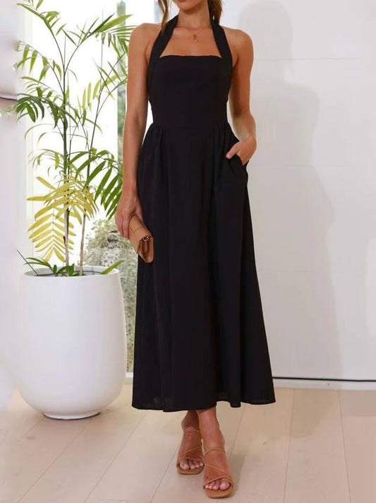 Waist Little Black Halter Neck Dress Mid-Length Dress