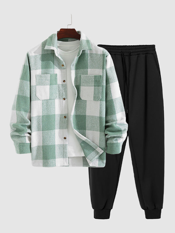 Men's Classic Plaid Wool Blend Long-Sleeve Shirt and Comfortable Sweatpants Two-Piece Set