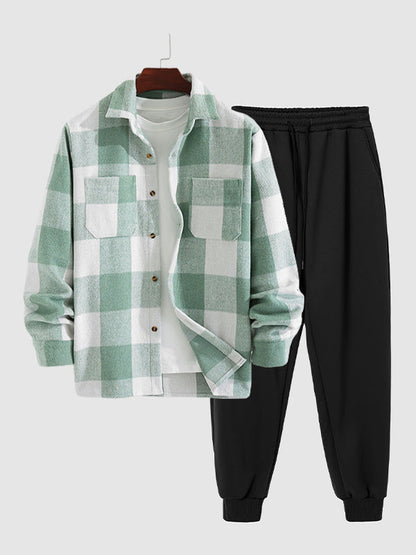 Men's Classic Plaid Wool Blend Long-Sleeve Shirt and Comfortable Sweatpants Two-Piece Set