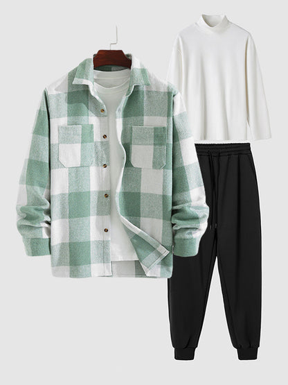 Men's Plaid Wool-Blend Long Sleeve Shirt Basic Casual Sports Pants 3-Piece Suit