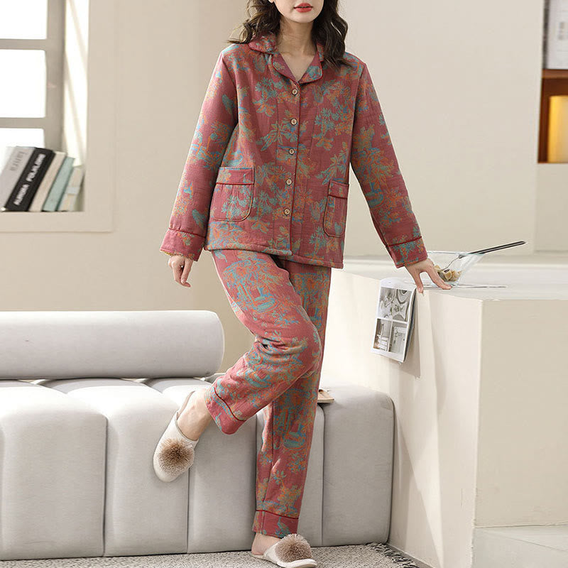 Ownkoti Floral Print Cotton Loungewear Set with Double-Layer Comfort