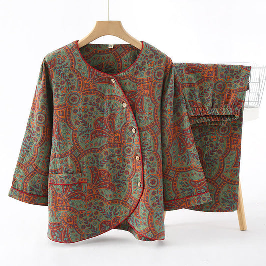 Ownkoti Vintage Jacquard Crew Neck Loungewear Set for Stylish Relaxation