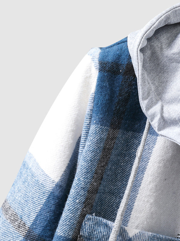 Men's quilted fleece vest with plaid pattern and hood with drawstring