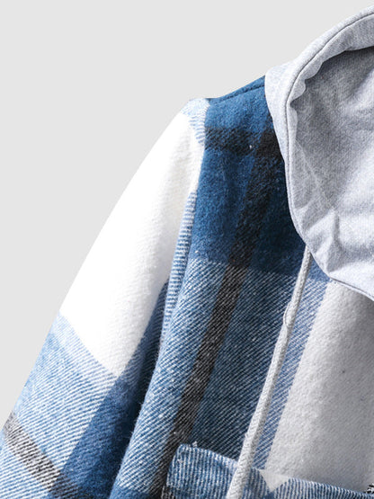 Men's quilted fleece vest with plaid pattern and hood with drawstring