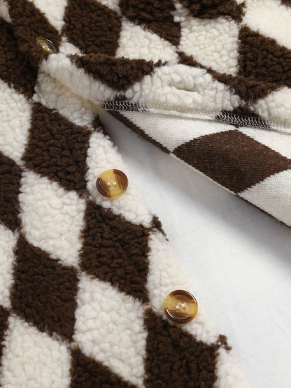 Elegant Men's Faux Fur Lapel Jacket with Diamond Plaid Pattern and Single Pocket