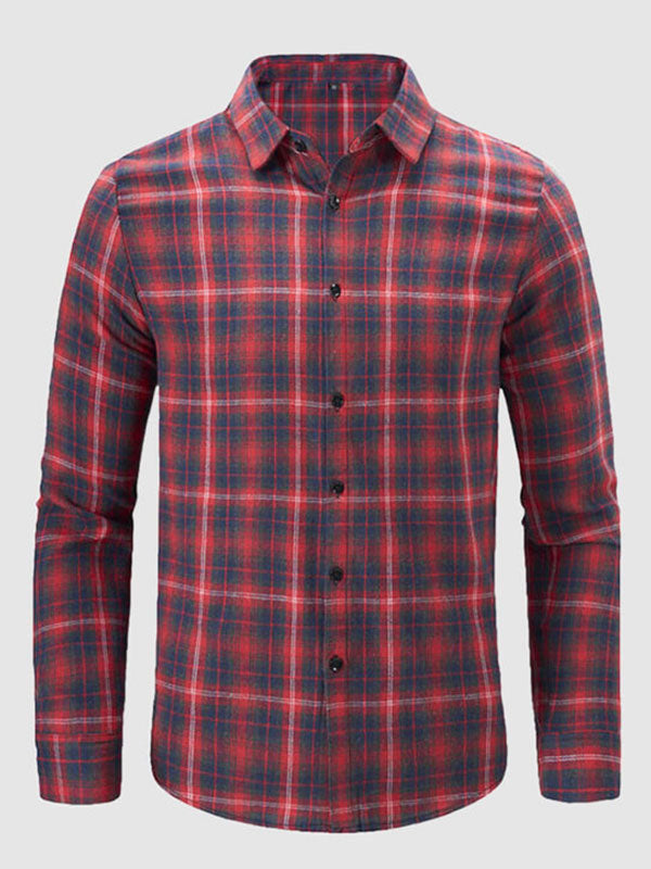 Men's Long Sleeve Casual Shirt with Plaid Pattern and Loose Fit
