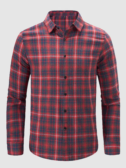 Men's Long Sleeve Casual Shirt with Plaid Pattern and Loose Fit