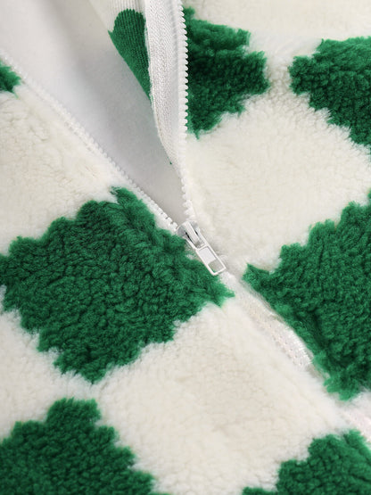 Men's faux fur plaid jacket with a single pocket and zipper for a casual and trendy style