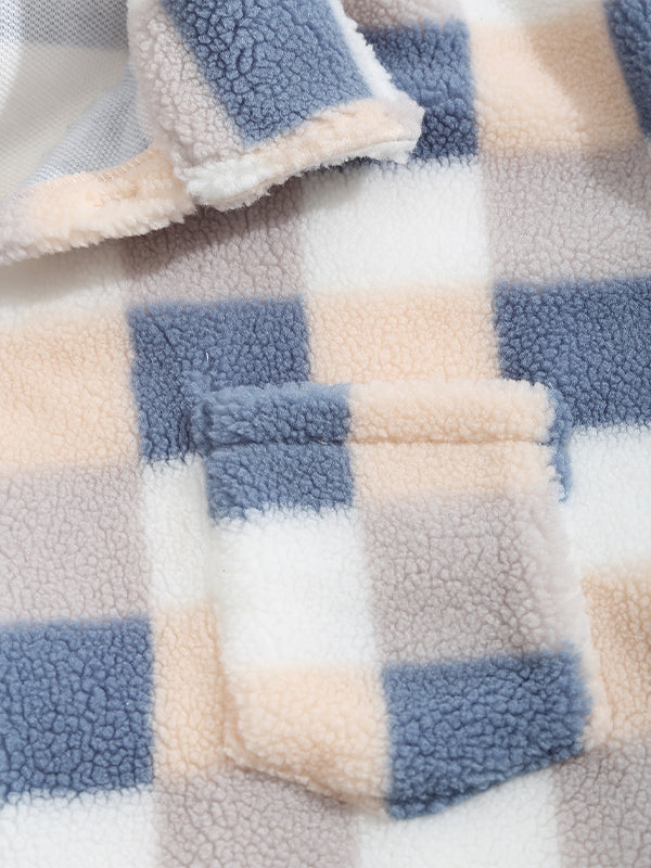 Classic men's plaid jacket with plush faux fur shoulder details, single pocket, buttons, and collar lapel