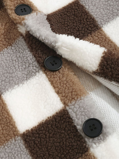 Classic men's plaid jacket with plush faux fur shoulder details, single pocket, buttons, and collar lapel