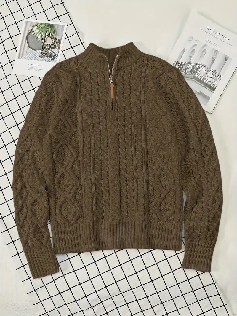Men's Knitted Half-Zip Sweater with Stand-Up Collar