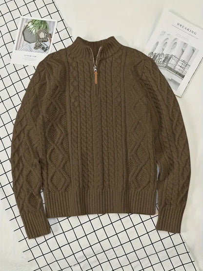 Men's Knitted Half-Zip Sweater with Stand-Up Collar