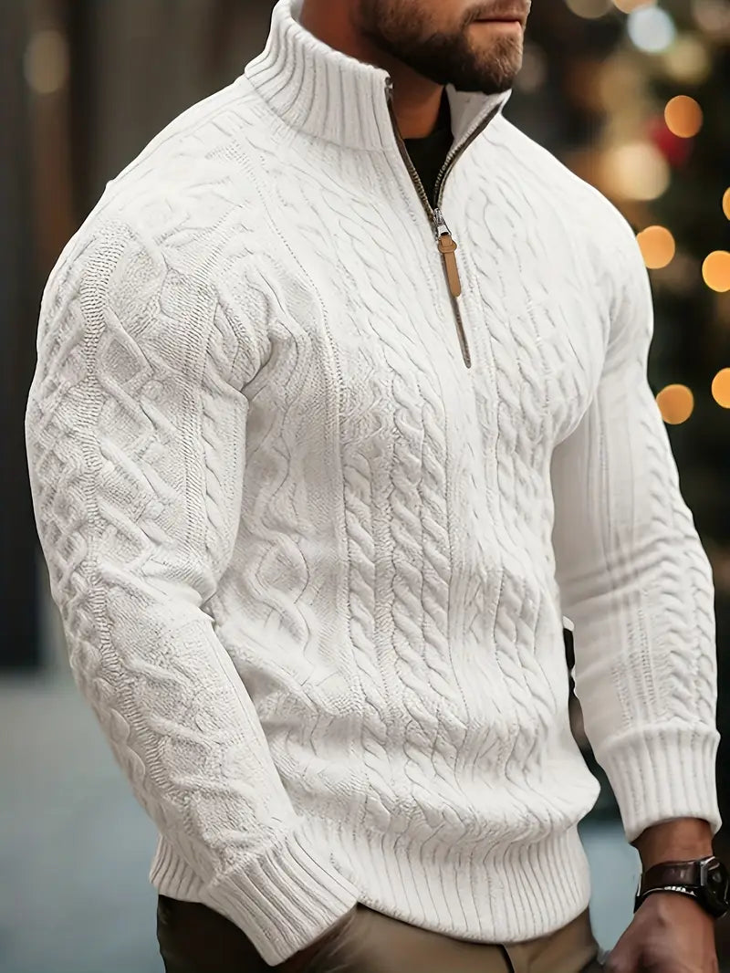 Men's Knitted Half-Zip Sweater with Stand-Up Collar