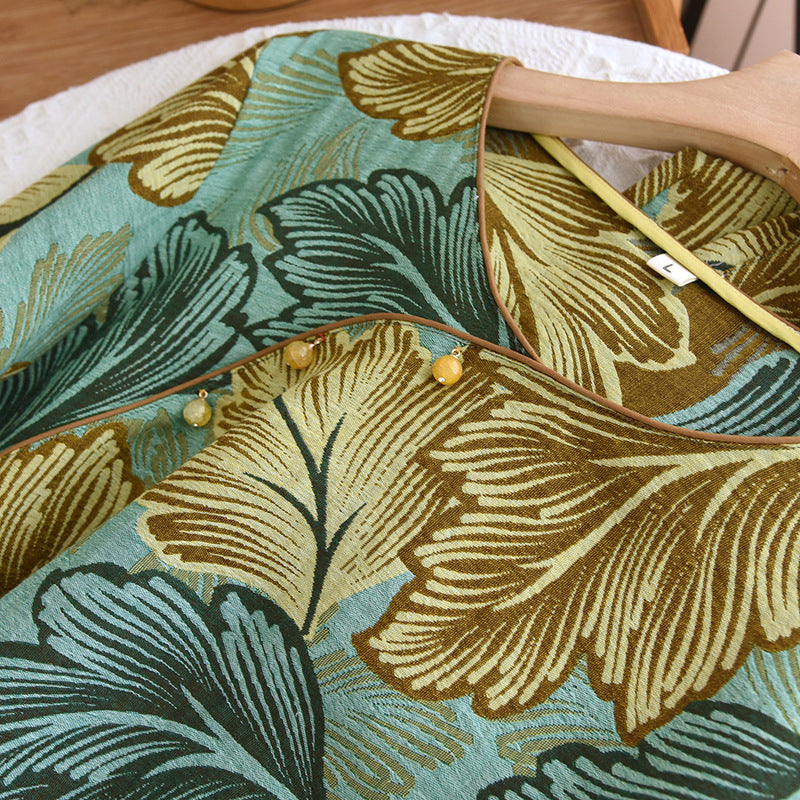 Cotton Loungewear Set with Colorfully Woven Leaf Patterns