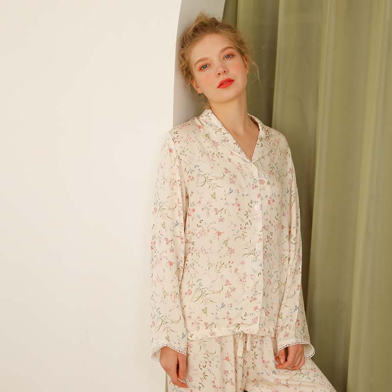 Ownkoti Floral Satin V-Neck Long Sleeve Sleepwear for Ultimate Comfort