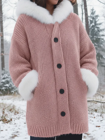 Women’s Knitted Patchwork Faux-Fur Collar Hooded Coat