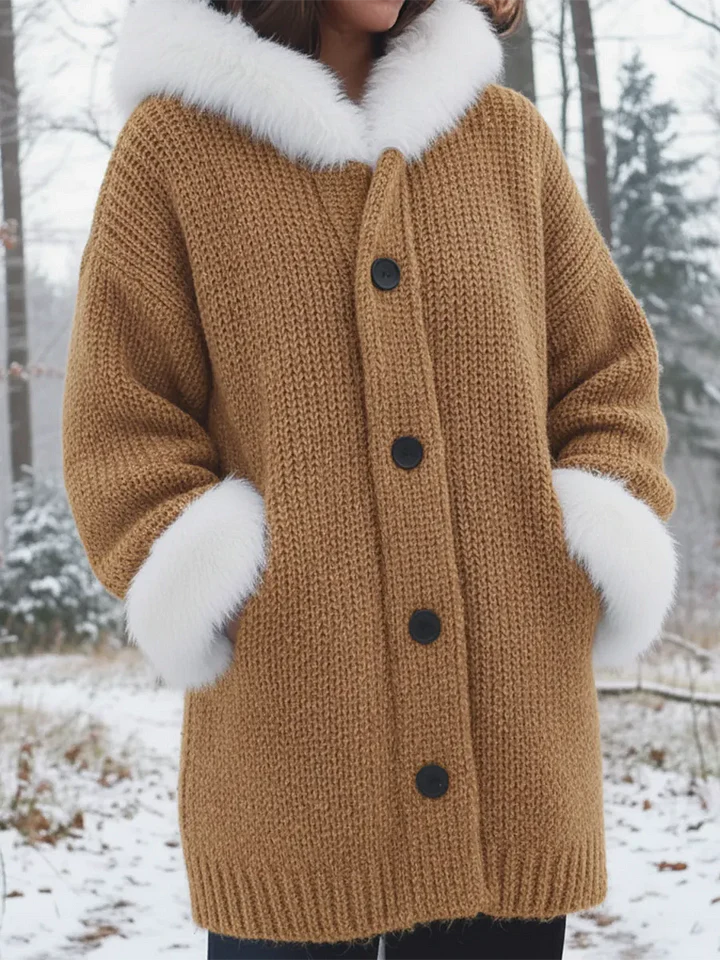 Women’s Knitted Patchwork Faux-Fur Collar Hooded Coat