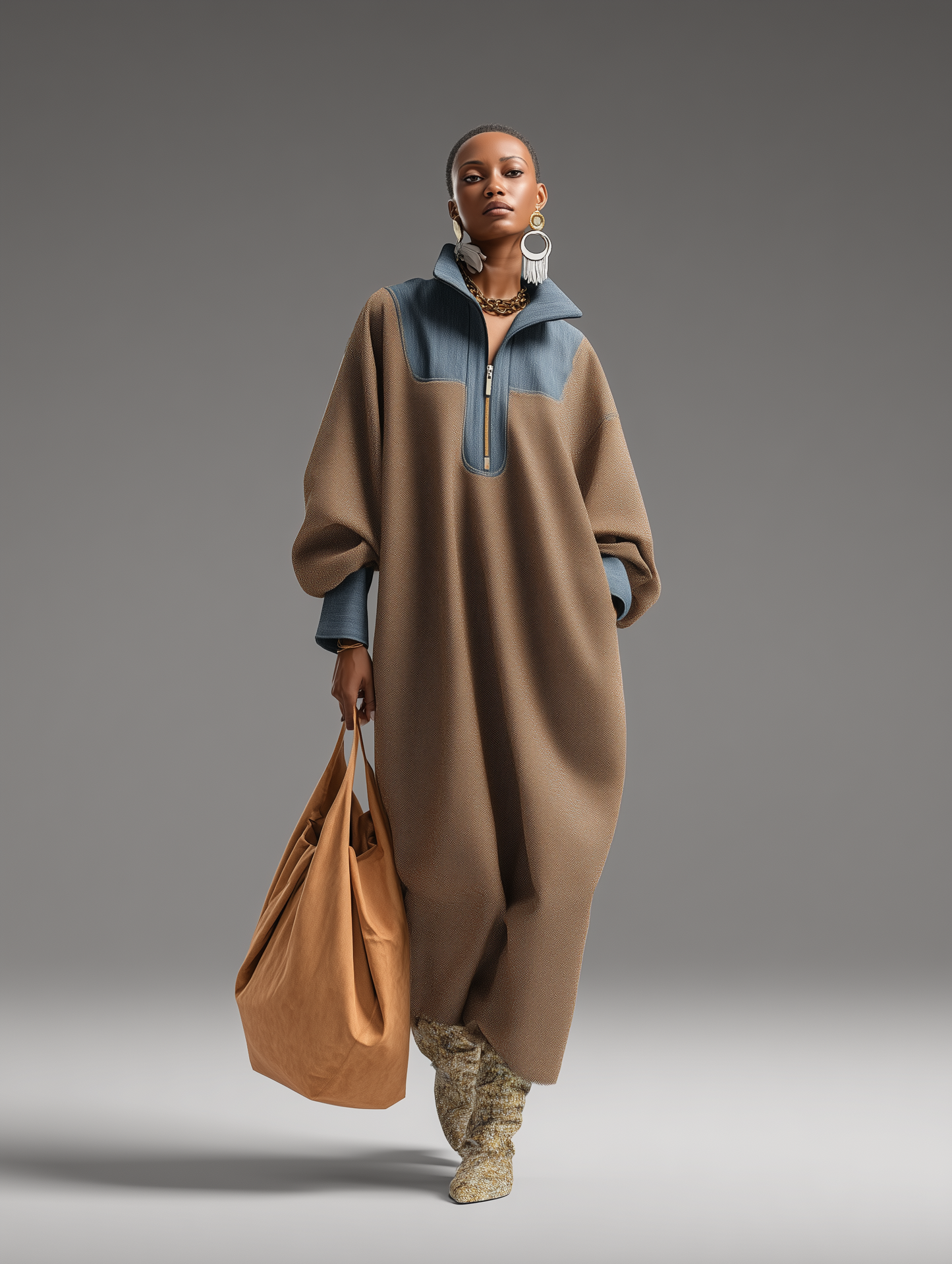 Casual Long Tweed and Blue Denim Dress