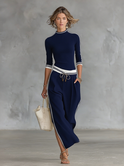 Women's Sports Two-Piece Set: Half-Collar T-Shirt with Long Sleeves