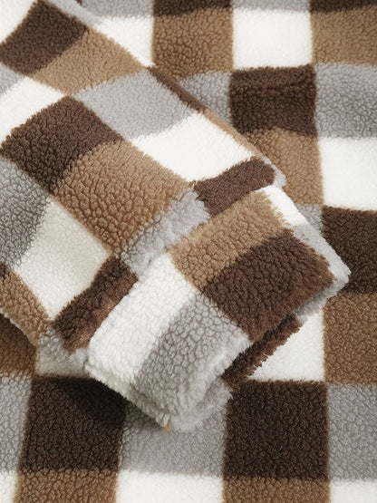 Classic men's plaid jacket with plush faux fur shoulder details, single pocket, buttons, and collar lapel