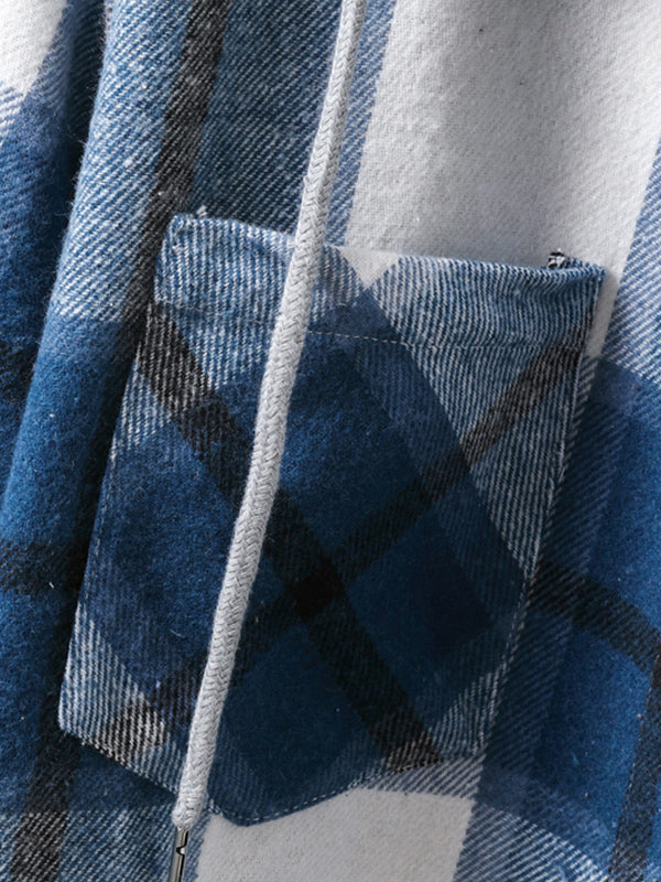 Men's quilted fleece vest with plaid pattern and hood with drawstring