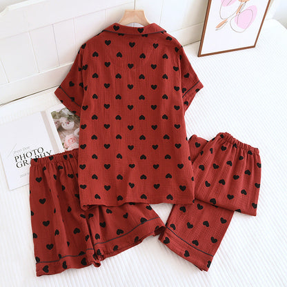 Ownkoti Heart Print Pure Cotton Silk 3-Piece Pajama Set