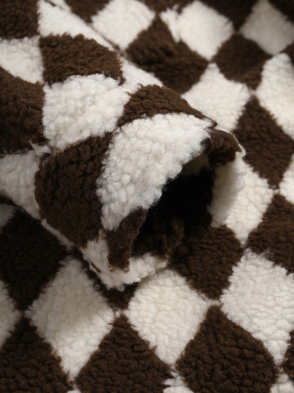 Elegant Men's Faux Fur Lapel Jacket with Diamond Plaid Pattern and Single Pocket