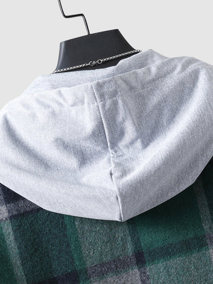 Men's quilted fleece vest with plaid pattern and hood with drawstring