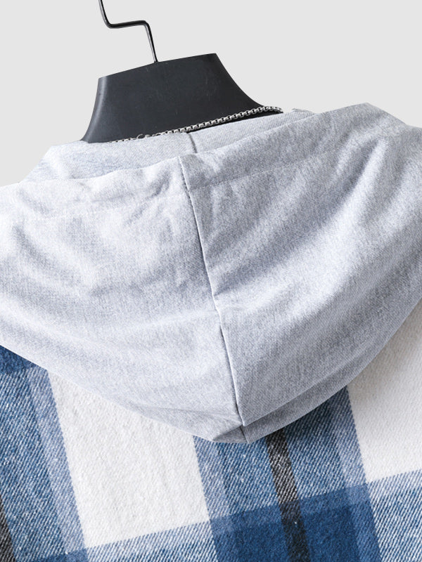 Men's quilted fleece vest with plaid pattern and hood with drawstring