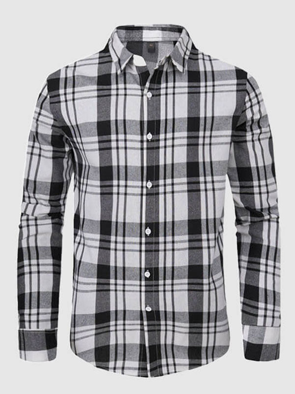 Men's Long Sleeve Casual Shirt with Plaid Pattern and Loose Fit