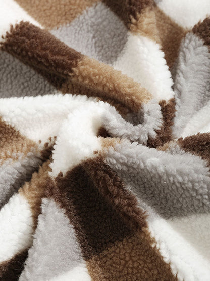 Classic men's plaid jacket with plush faux fur shoulder details, single pocket, buttons, and collar lapel