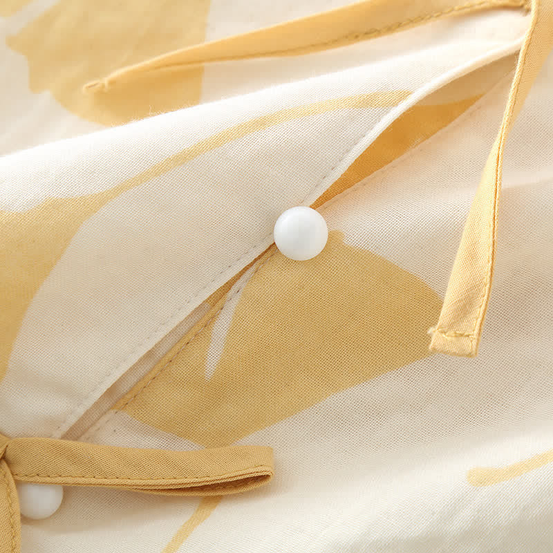 Ownkoti Ginkgo Leaf Design Bowknot Cotton Loungewear Set for Stylish Comfort