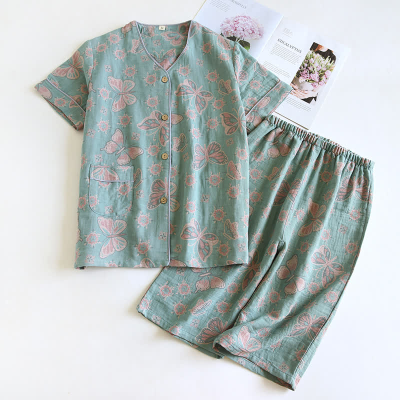 Summer Elegant Cotton Butterfly Shorts Set for Relaxation