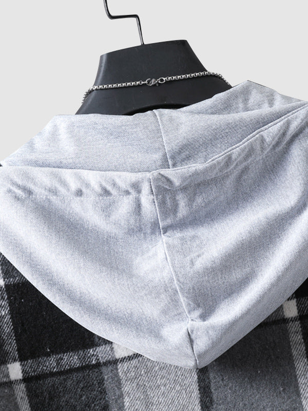 Men's quilted fleece vest with plaid pattern and hood with drawstring