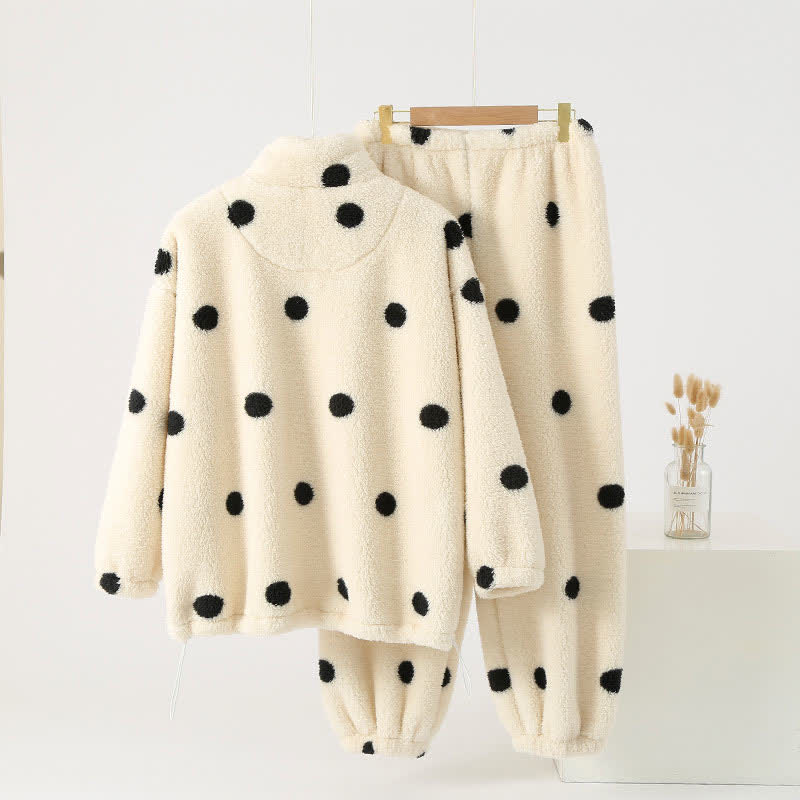 Ownkoti Polka Dot Long Sleeve Fleece Pajama Set - Cozy and Stylish Nightwear for Ultimate Comfort