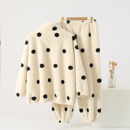 Ownkoti Polka Dot Long Sleeve Fleece Pajama Set - Cozy and Stylish Nightwear for Ultimate Comfort
