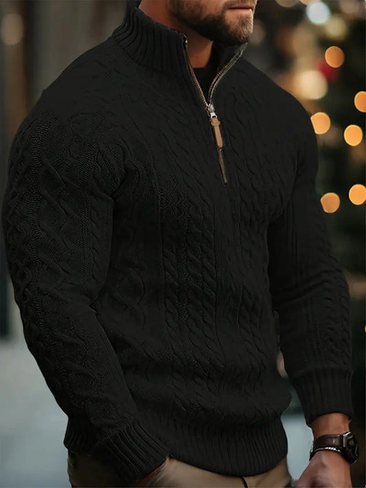 Men's Knitted Half-Zip Sweater with Stand-Up Collar