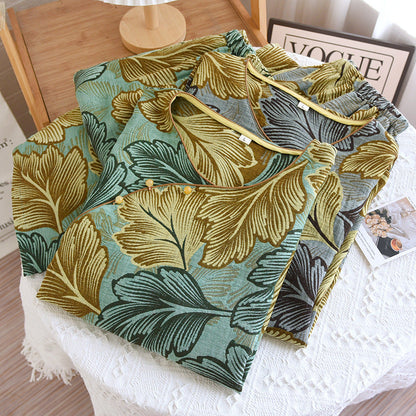 Cotton Loungewear Set with Colorfully Woven Leaf Patterns