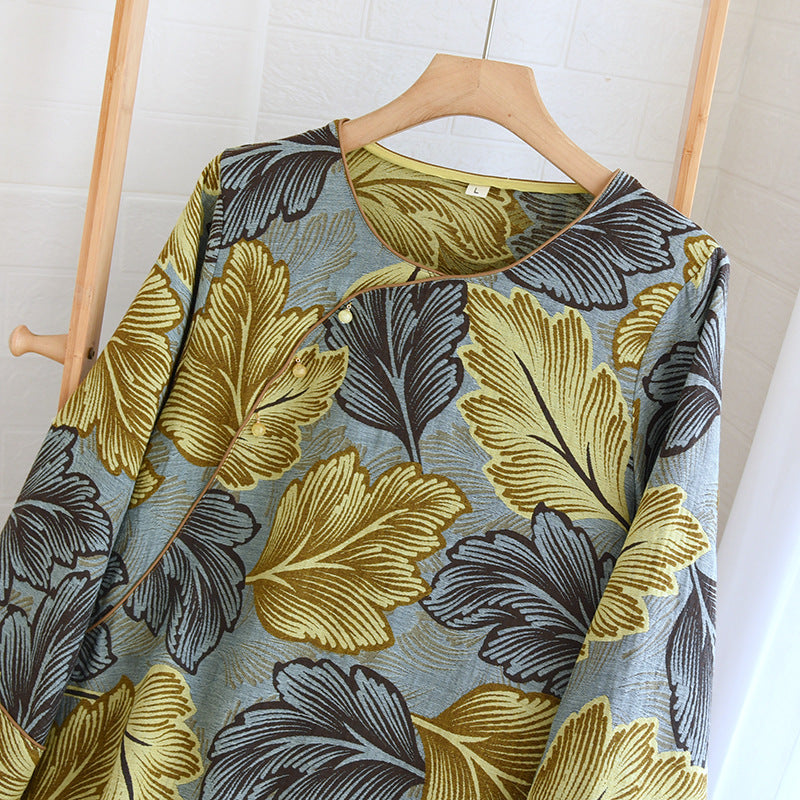 Cotton Loungewear Set with Colorfully Woven Leaf Patterns