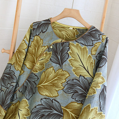 Cotton Loungewear Set with Colorfully Woven Leaf Patterns