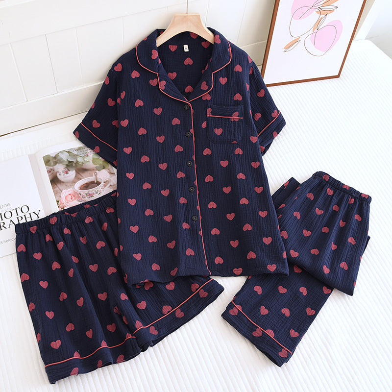 Ownkoti Heart Print Pure Cotton Silk 3-Piece Pajama Set