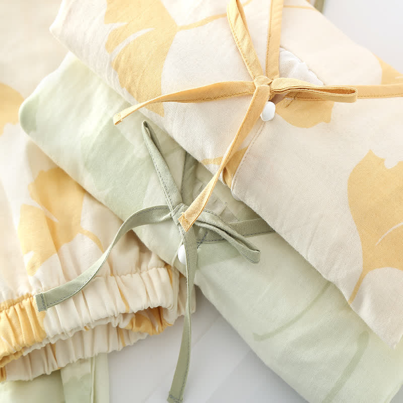 Ownkoti Ginkgo Leaf Design Bowknot Cotton Loungewear Set for Stylish Comfort