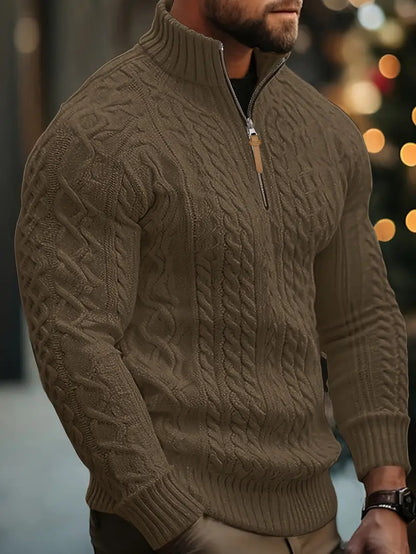 Men's Knitted Half-Zip Sweater with Stand-Up Collar
