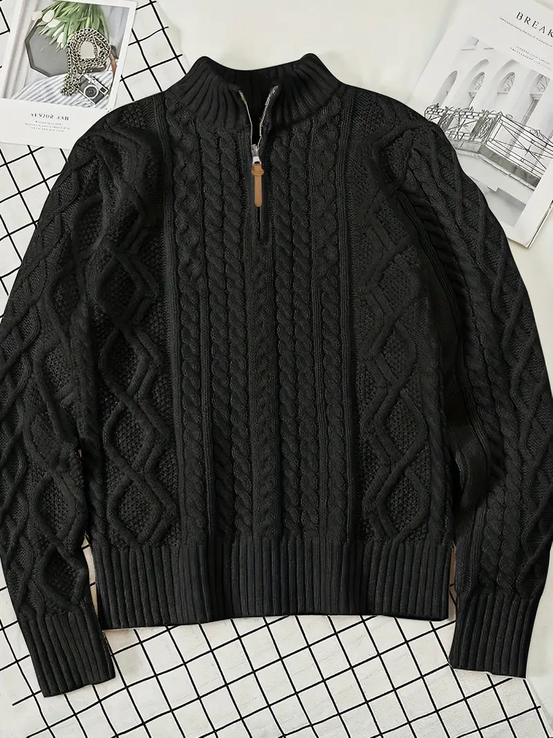 Men's Knitted Half-Zip Sweater with Stand-Up Collar