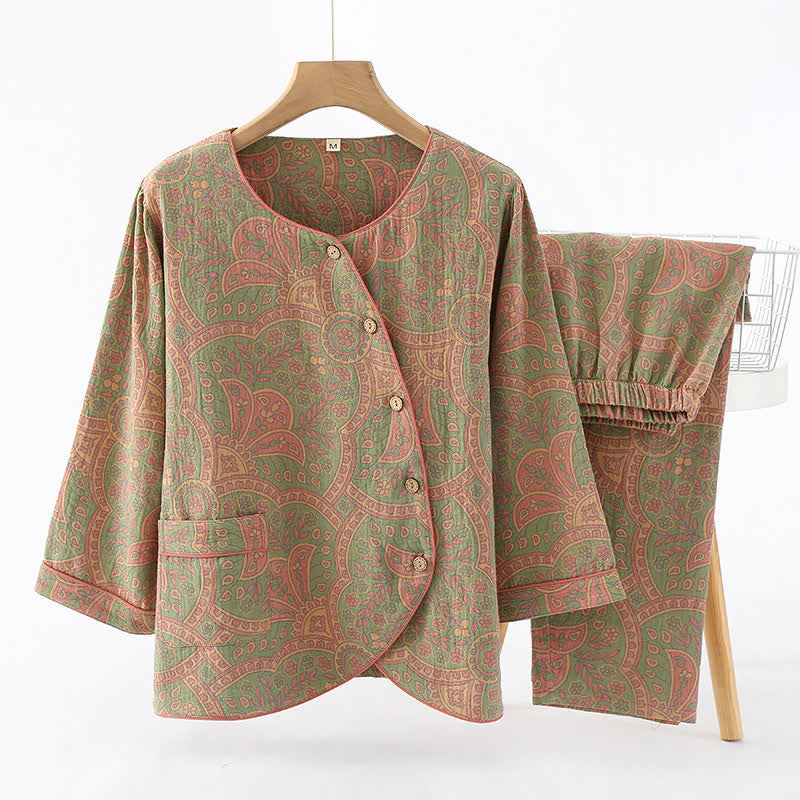 Ownkoti Vintage Jacquard Crew Neck Loungewear Set for Stylish Relaxation