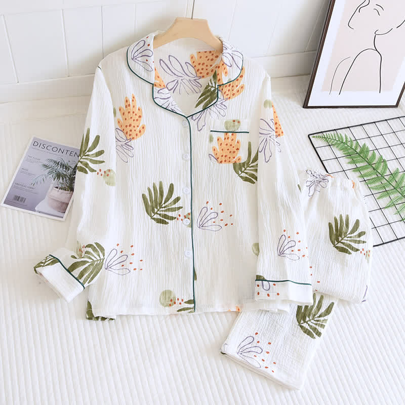 Ownkoti Leaf Print Premium Pure Cotton Long Sleeve Pajama Set