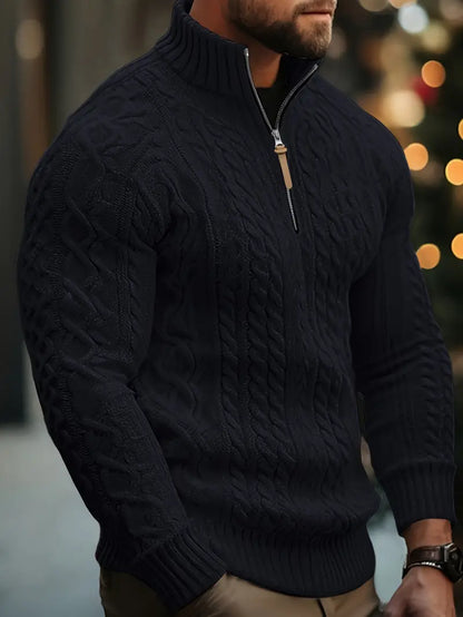 Men's Knitted Half-Zip Sweater with Stand-Up Collar