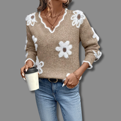 Avero | ELEGANT V-NECK FLORAL SWEATER
