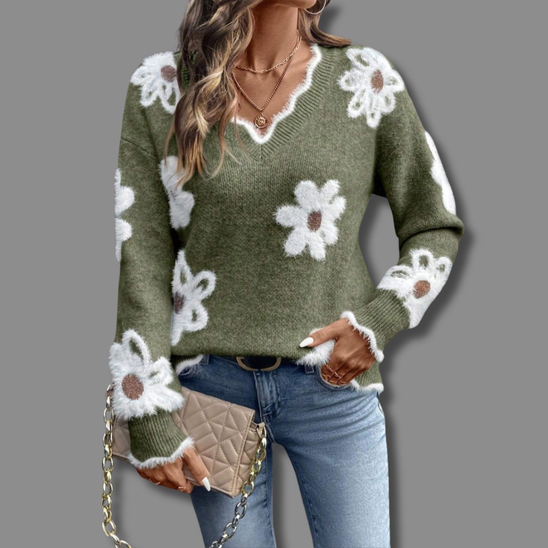 Avero | ELEGANT V-NECK FLORAL SWEATER